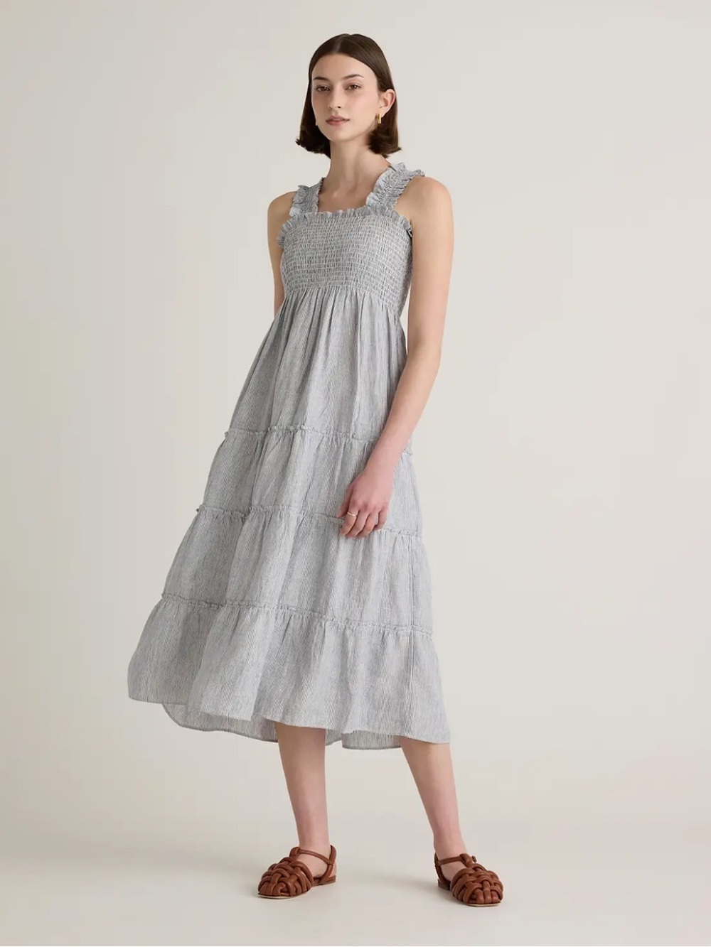 Quince 100% Linen Blue Pinstripe Smocked Midi Dress SMALL - Picture 14 of 15